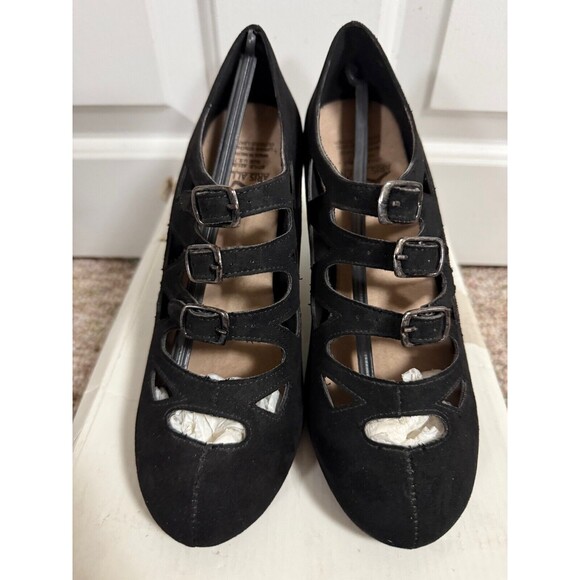 Aris Allen 1940s Criss-Cross‎ 3 Buckle Swing Dance Shoes Pump Black Suede Size 7 - Picture 1 of 7